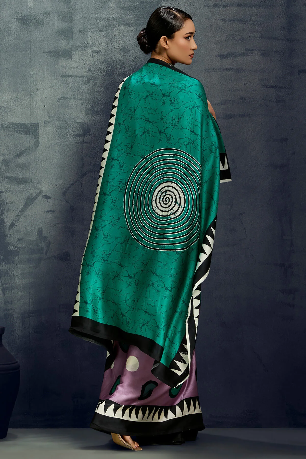 Surreptitious Lavender Ajrakh Printed Satin Silk Saree With Fugacious Blouse Piece - Image 5