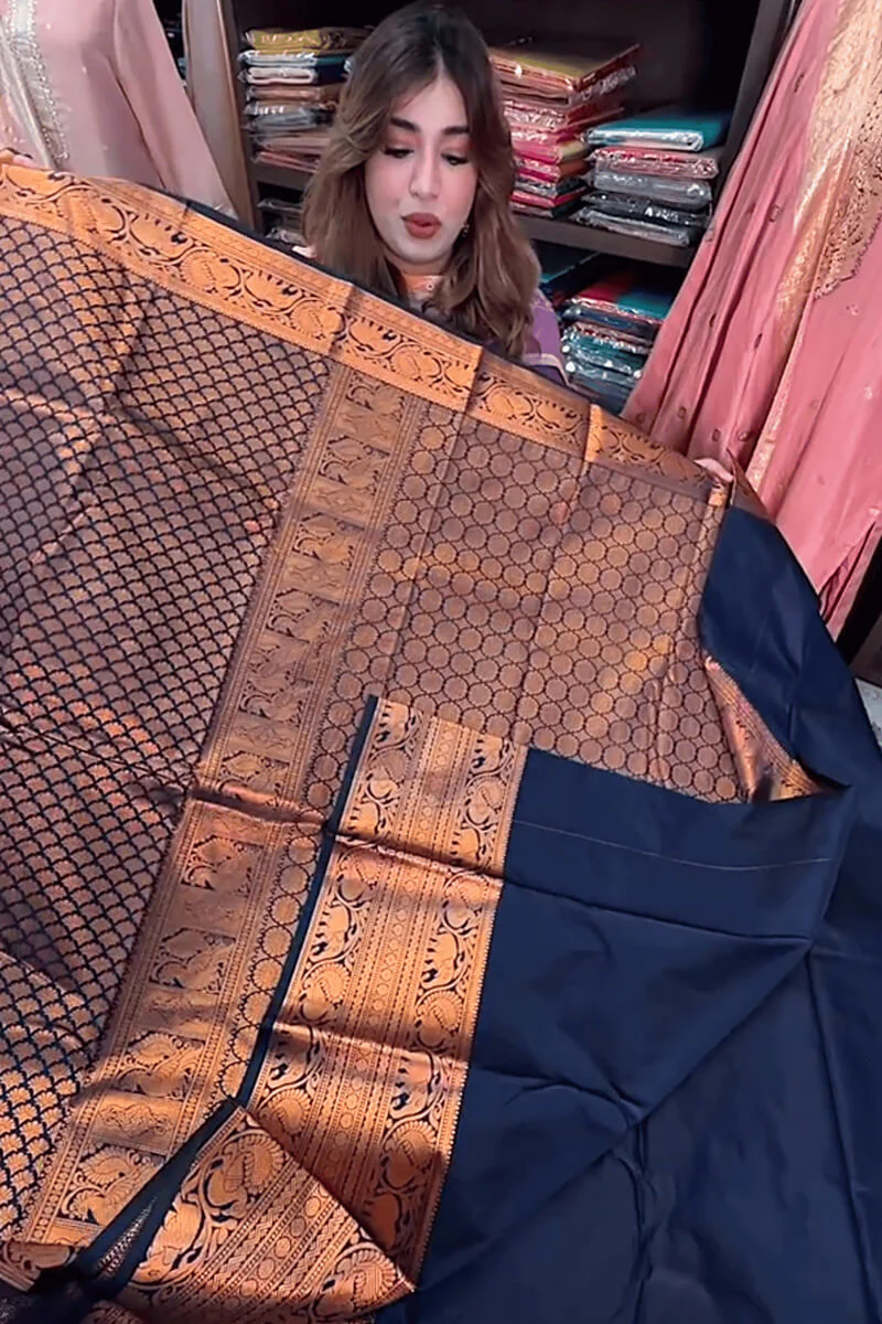 Surreptitious Navy Blue Soft Banarasi Silk Saree With Unique Blouse Piece - Image 3