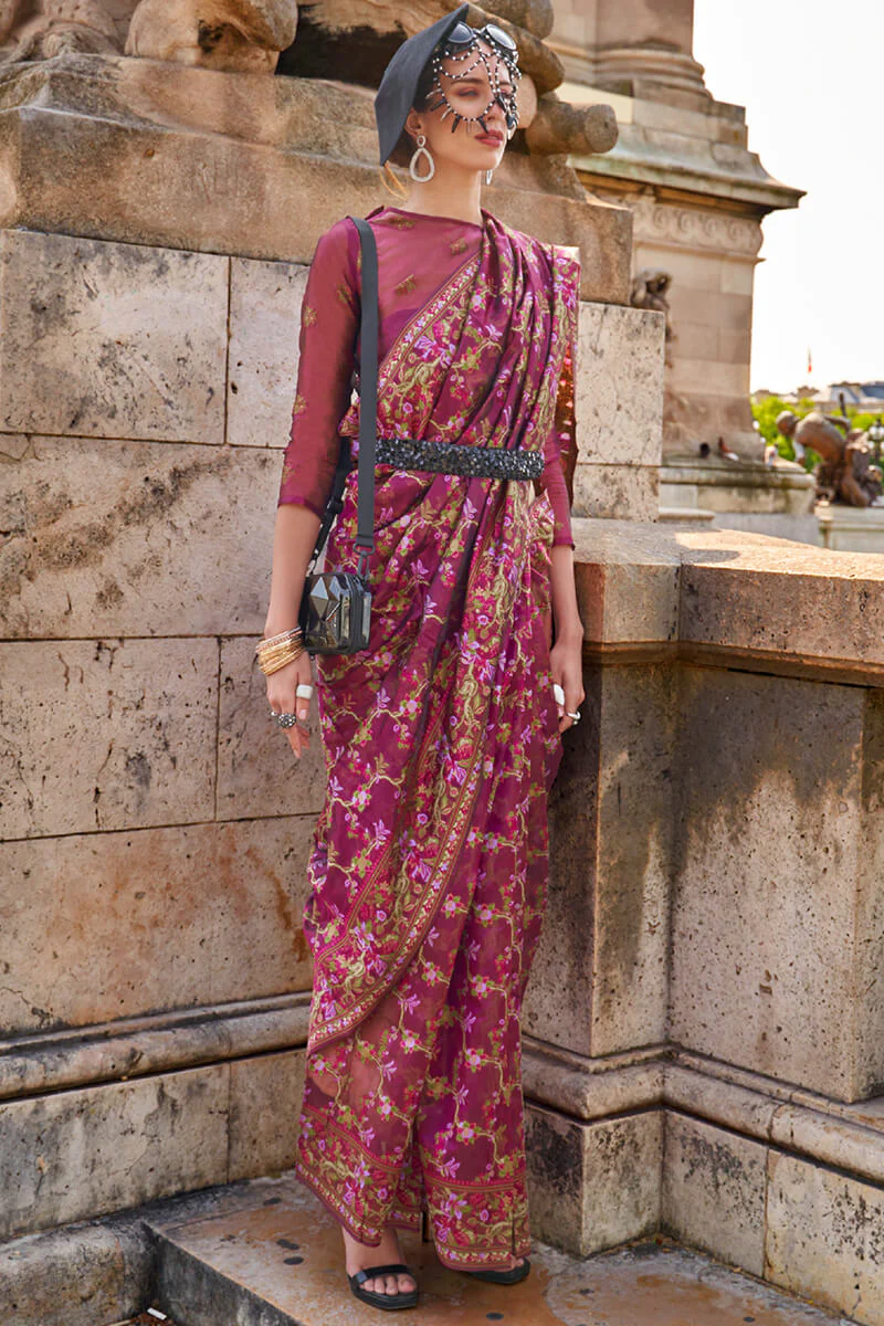 Surreptitious Wine Pashmina saree With Confounding Blouse Piece - Image 2