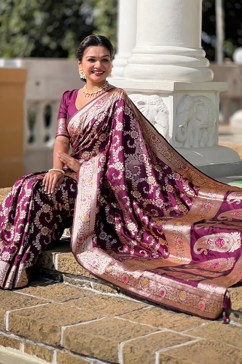 Surreptitious Wine Soft Banarasi Silk Saree With Engaging Blouse Piece - Image 2