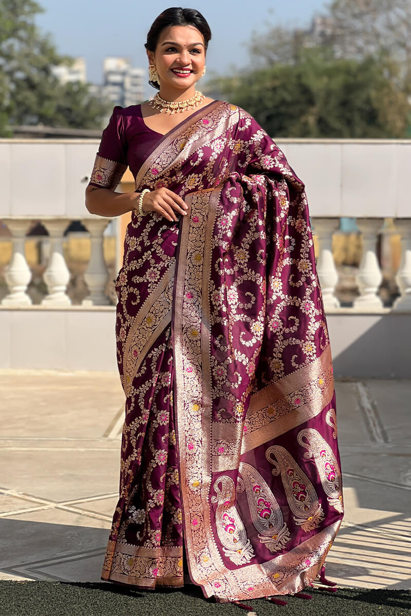 Surreptitious Wine Soft Banarasi Silk Saree With Engaging Blouse Piece - Image 3