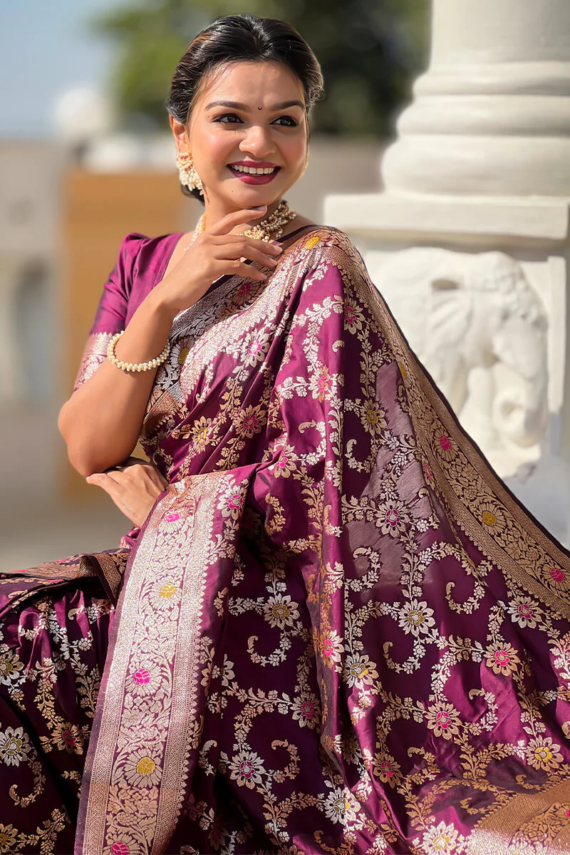 Surreptitious Wine Soft Banarasi Silk Saree With Engaging Blouse Piece - Image 4