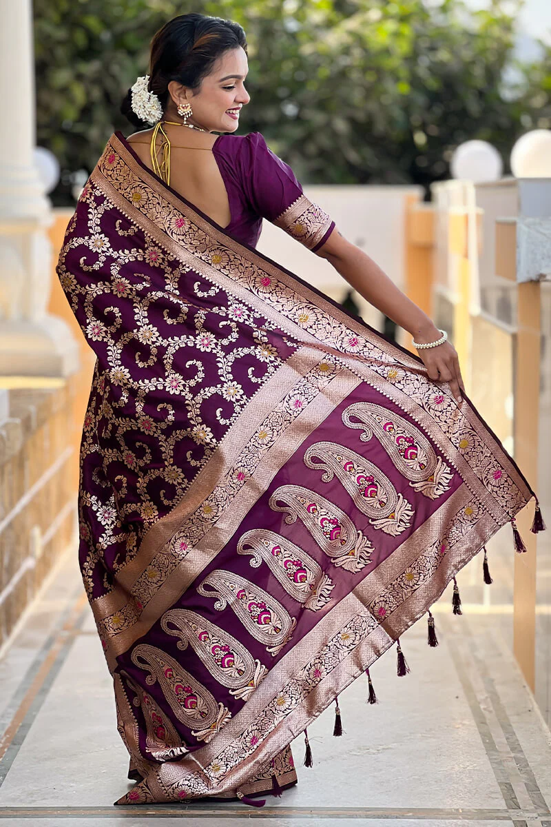 Surreptitious Wine Soft Banarasi Silk Saree With Engaging Blouse Piece - Image 5
