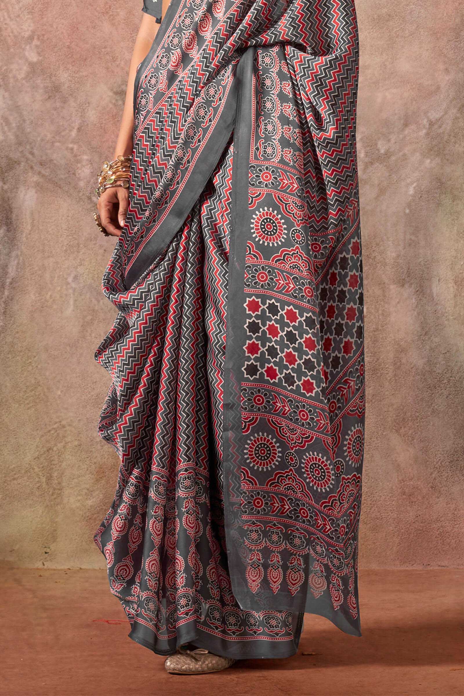 Susurrous Grey Ajrakh Printed Satin Silk Saree With Blissful Blouse Piece - Image 3