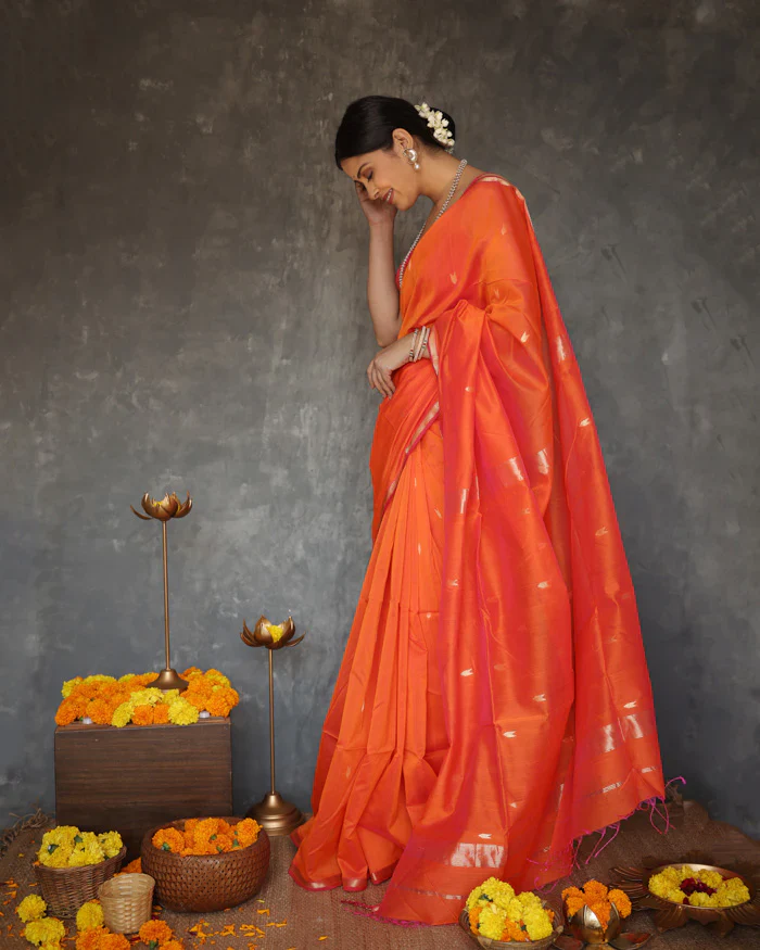 Susurrous Orange Cotton Silk Saree With Enthralling Blouse Piece - Image 3