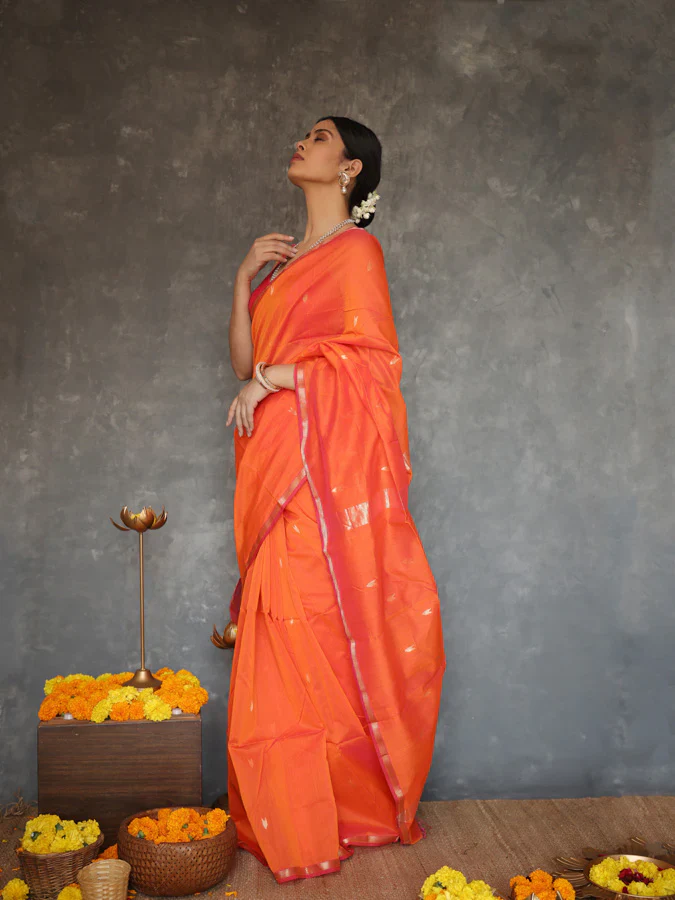 Susurrous Orange Cotton Silk Saree With Enthralling Blouse Piece - Image 4