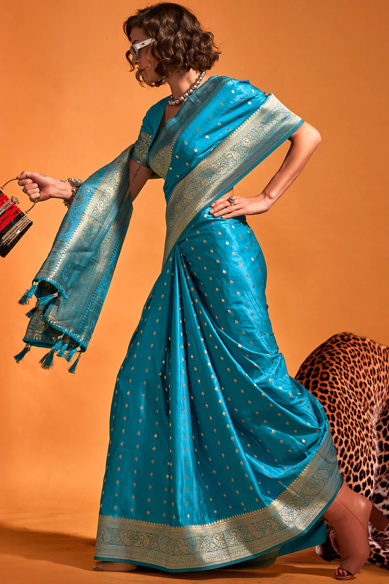 Susurrous Teal Blue Soft Banarasi Silk Saree With Embellished Blouse Piece - Image 2