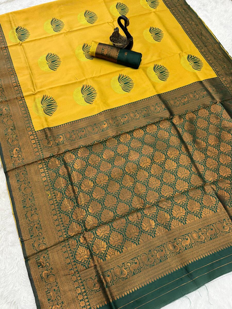Susurrous Yellow and Green Soft Silk Saree With Vestigial Blouse Piece - Image 3