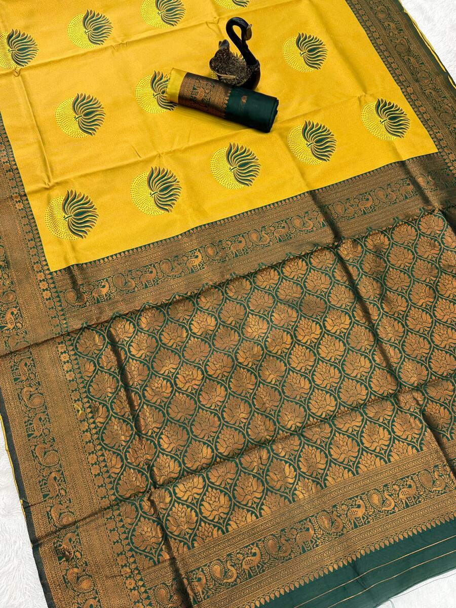 Susurrous Yellow and Green Soft Silk Saree With Vestigial Blouse Piece - Image 4