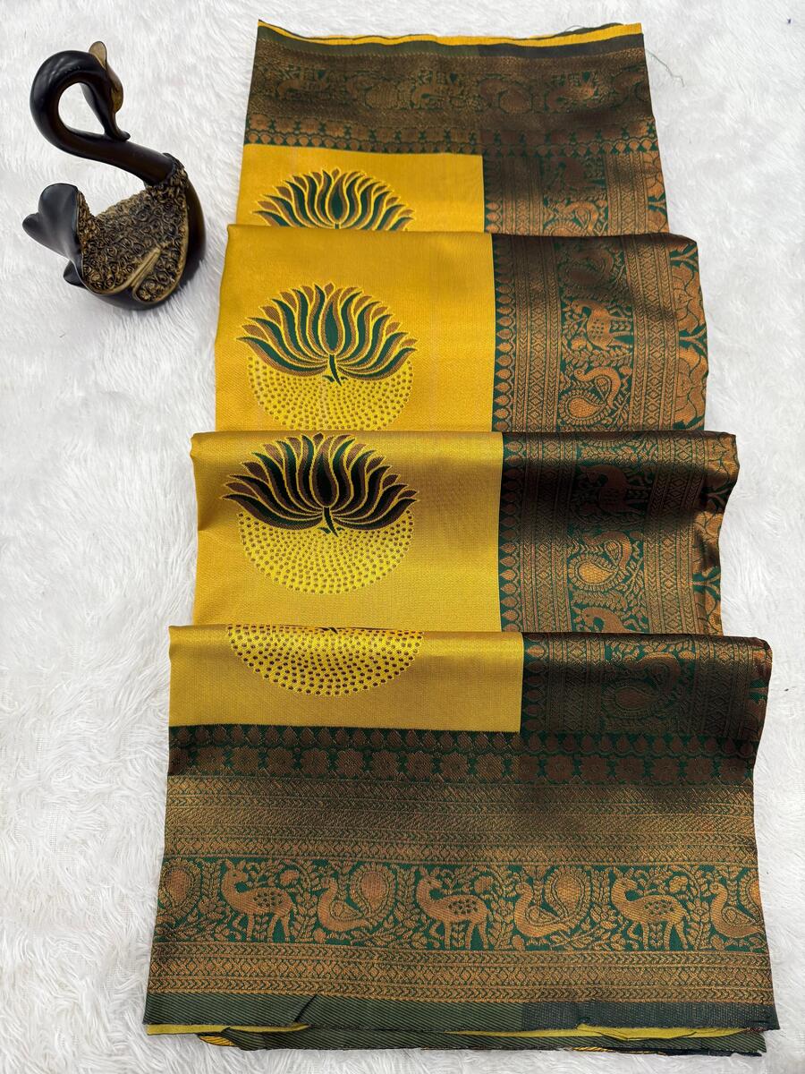 Susurrous Yellow and Green Soft Silk Saree With Vestigial Blouse Piece - Image 5