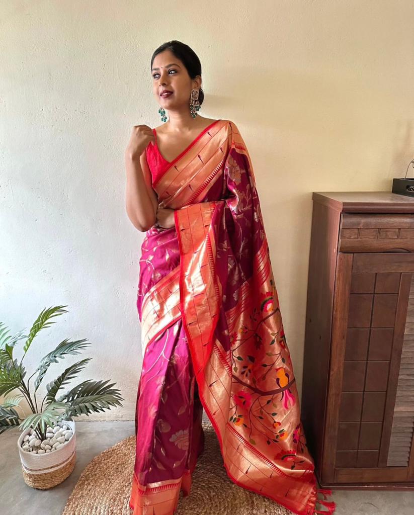 Symmetrical Dark Pink Paithani Silk Saree With Epiphany Blouse Piece - Image 5