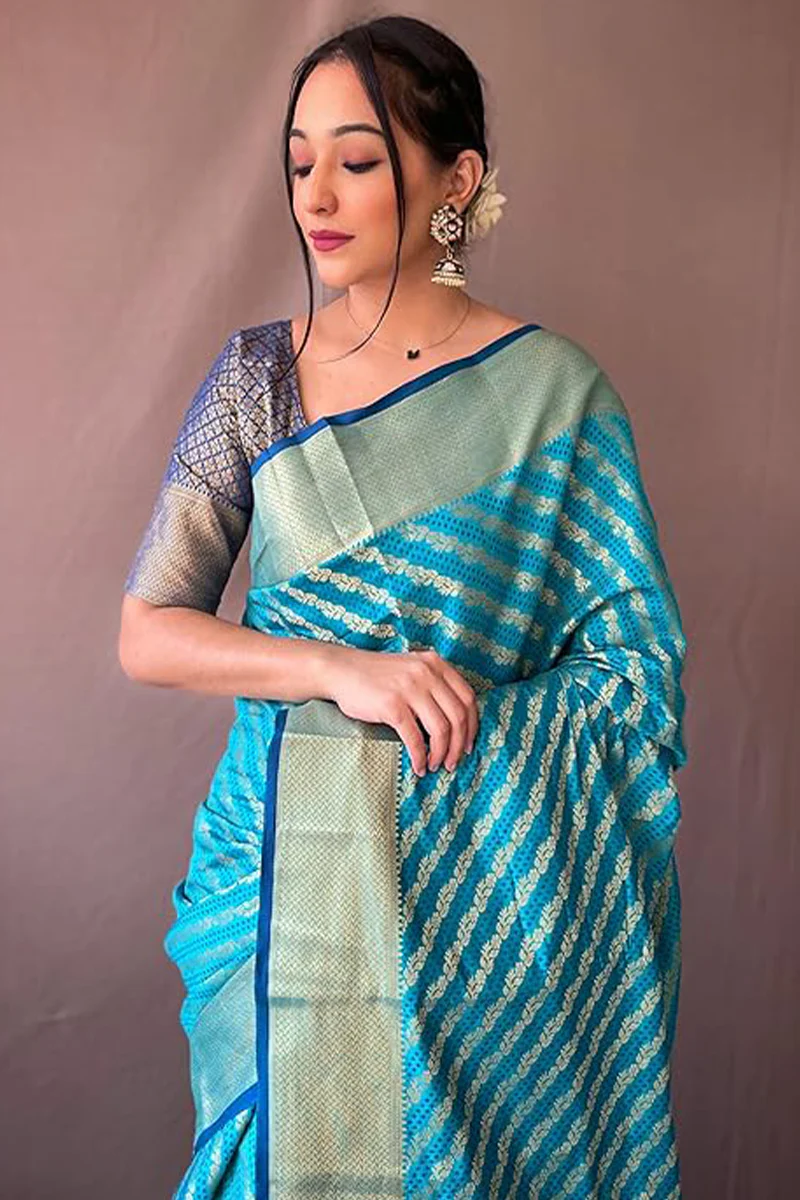 Symmetrical Firozi Soft Banarasi Silk Saree With Snazzy Blouse Piece - Image 2