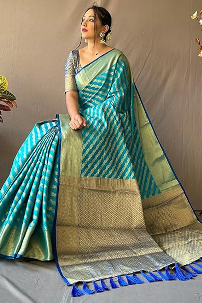 Symmetrical Firozi Soft Banarasi Silk Saree With Snazzy Blouse Piece - Image 3