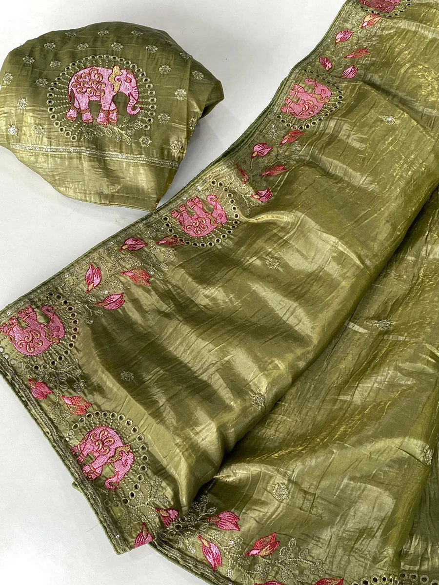 Symmetrical Green Embroidery Work Crush Silk Saree With Imaginative Blouse Piece - Image 2