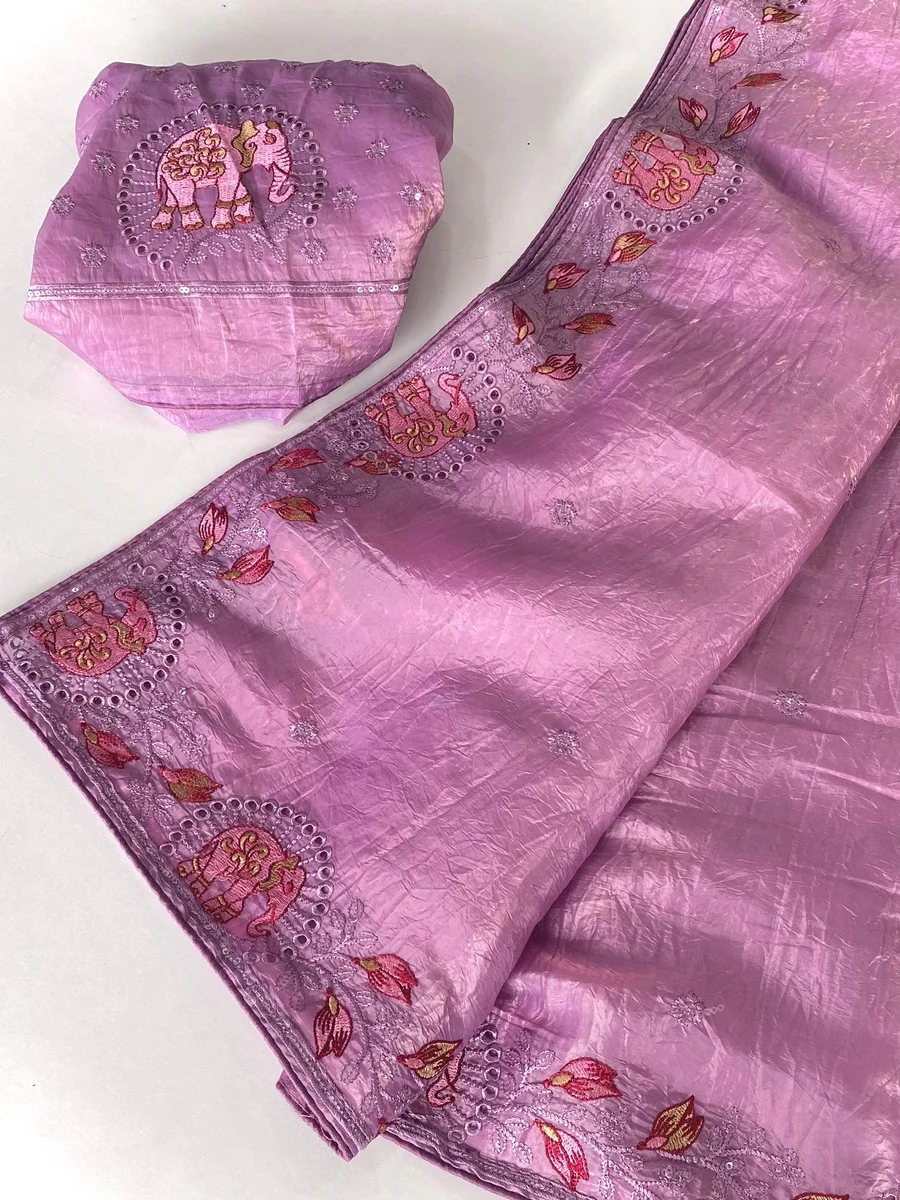Symmetrical Lavender Embroidery Work Crush Silk Saree With Imaginative Blouse Piece - Image 2