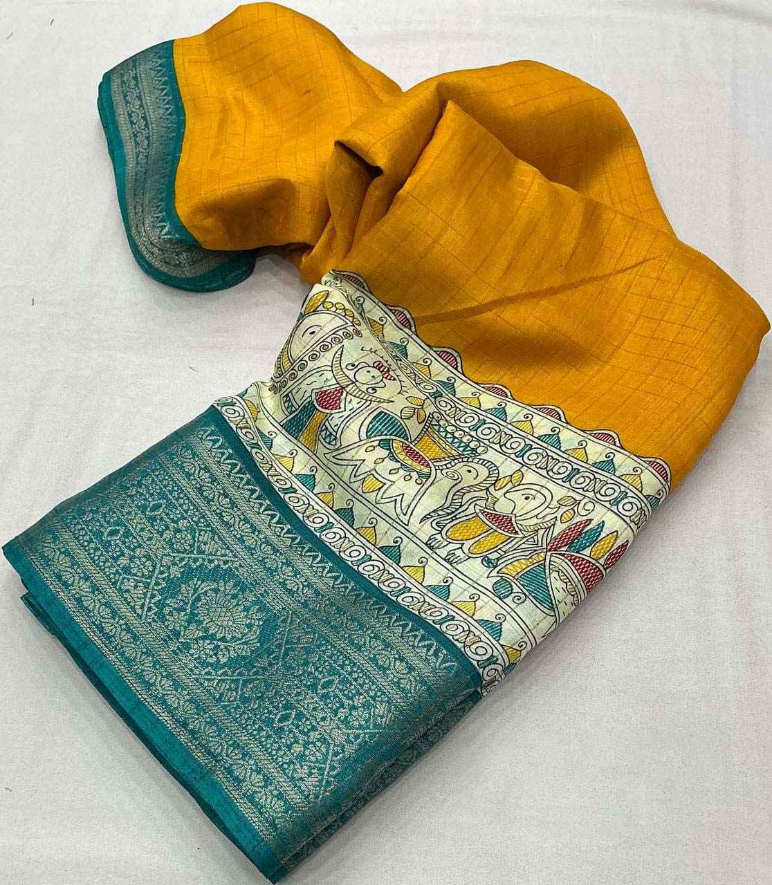 Symmetrical Mustard Digital Printed Dola Silk Saree With Transcendent Blouse Piece - Image 5
