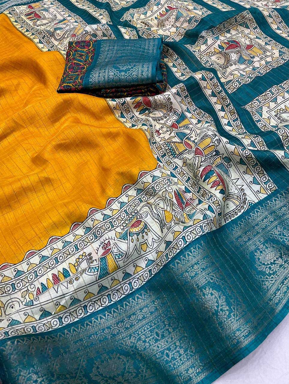 Symmetrical Mustard Digital Printed Dola Silk Saree With Transcendent Blouse Piece - Image 6