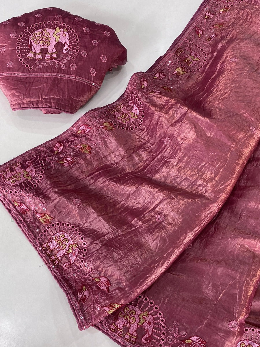 Symmetrical Pink Embroidery Work Crush Silk Saree With Imaginative Blouse Piece - Image 2