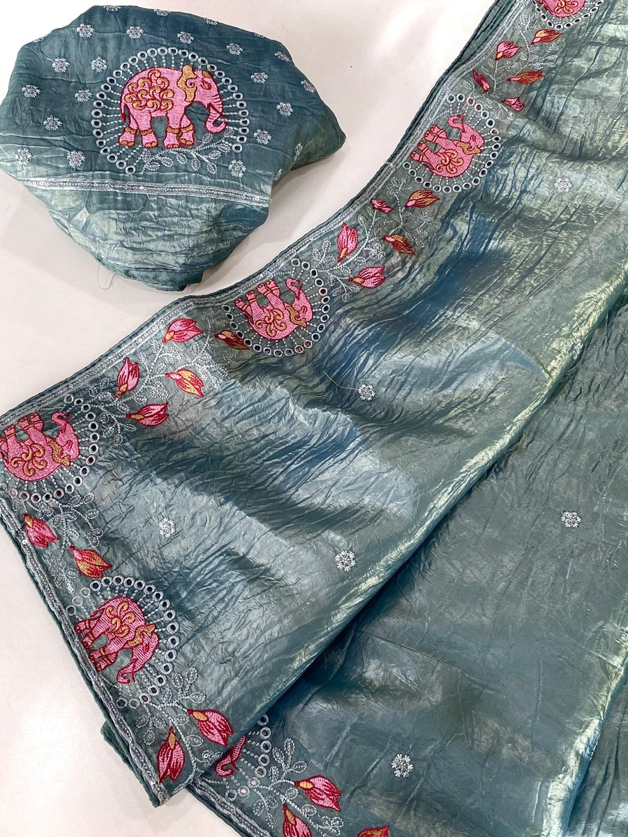 Symmetrical Teal Blue Embroidery Work Crush Silk Saree With Imaginative Blouse Piece - Image 2