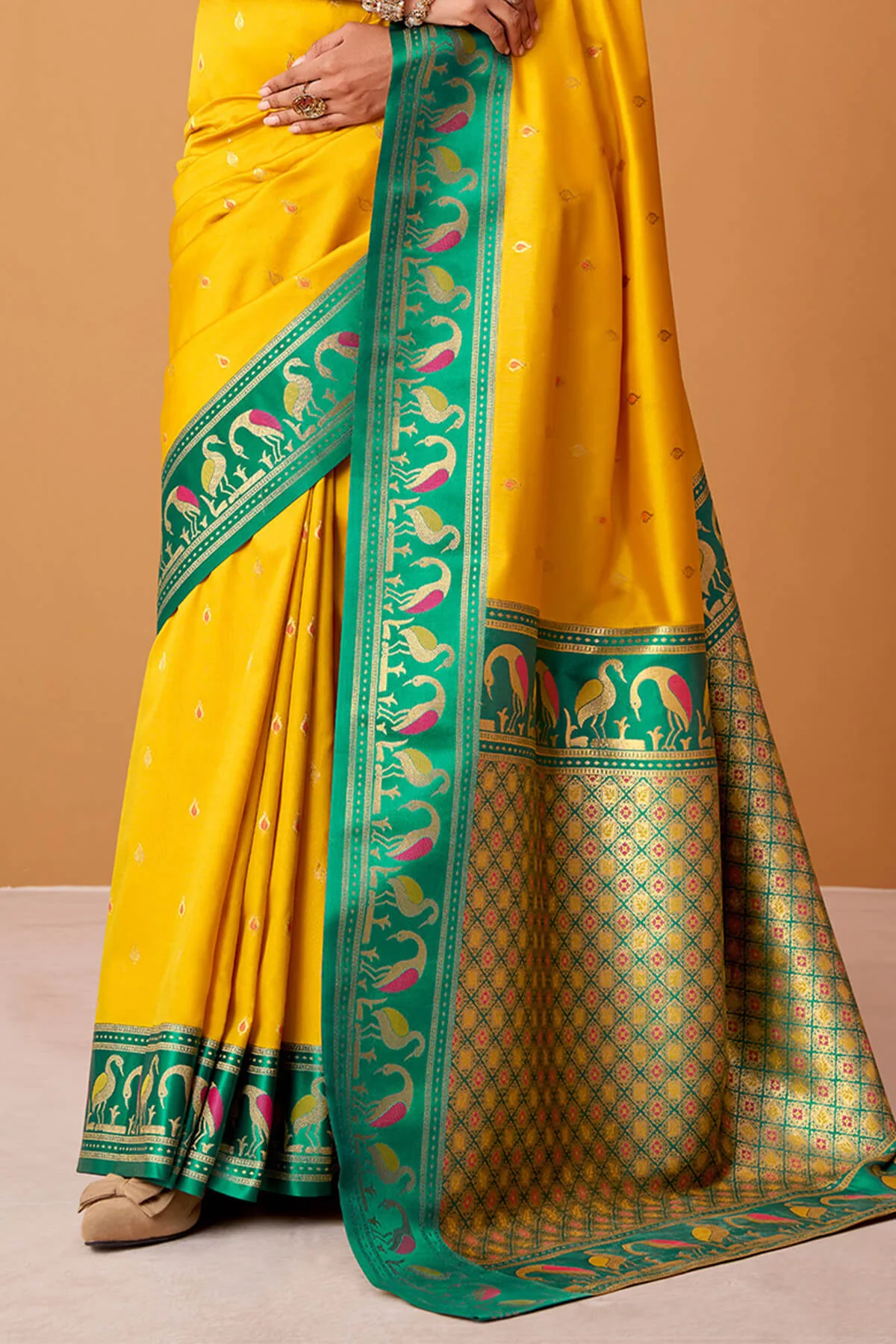 Symmetrical Yellow Banarasi Satin Silk Saree With Desuetude Blouse - Image 3
