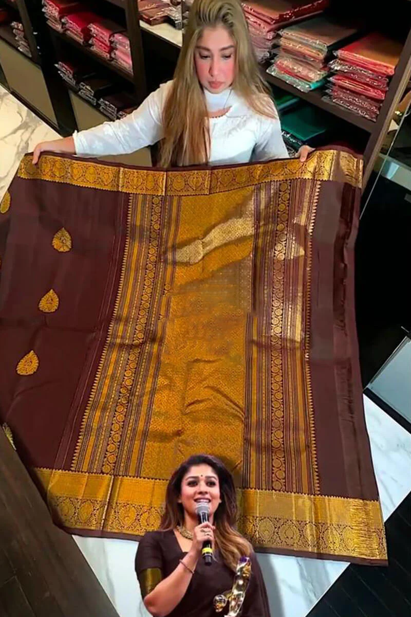 Tantalizing Brown Soft Banarasi Silk Saree With Prominent Blouse Piece - Image 4