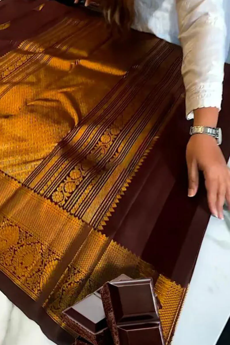 Tantalizing Brown Soft Banarasi Silk Saree With Prominent Blouse Piece - Image 5