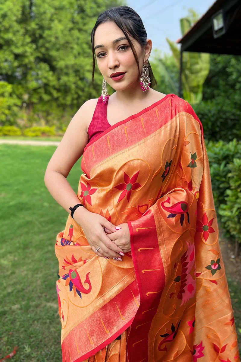 Tantalizing Orange Paithani Silk Saree With Mesmerising Blouse Piece - Image 2