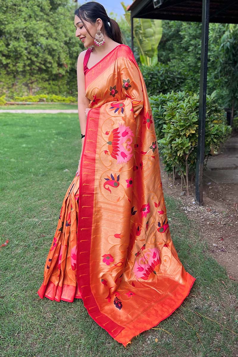 Tantalizing Orange Paithani Silk Saree With Mesmerising Blouse Piece - Image 3