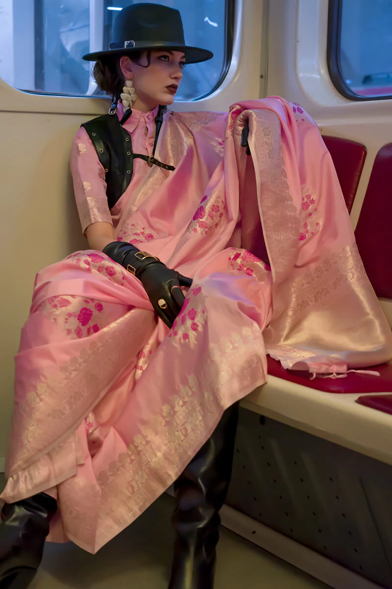 Tantalizing Pink Soft Banarasi Silk Saree With Eclat Blouse Piece - Image 2