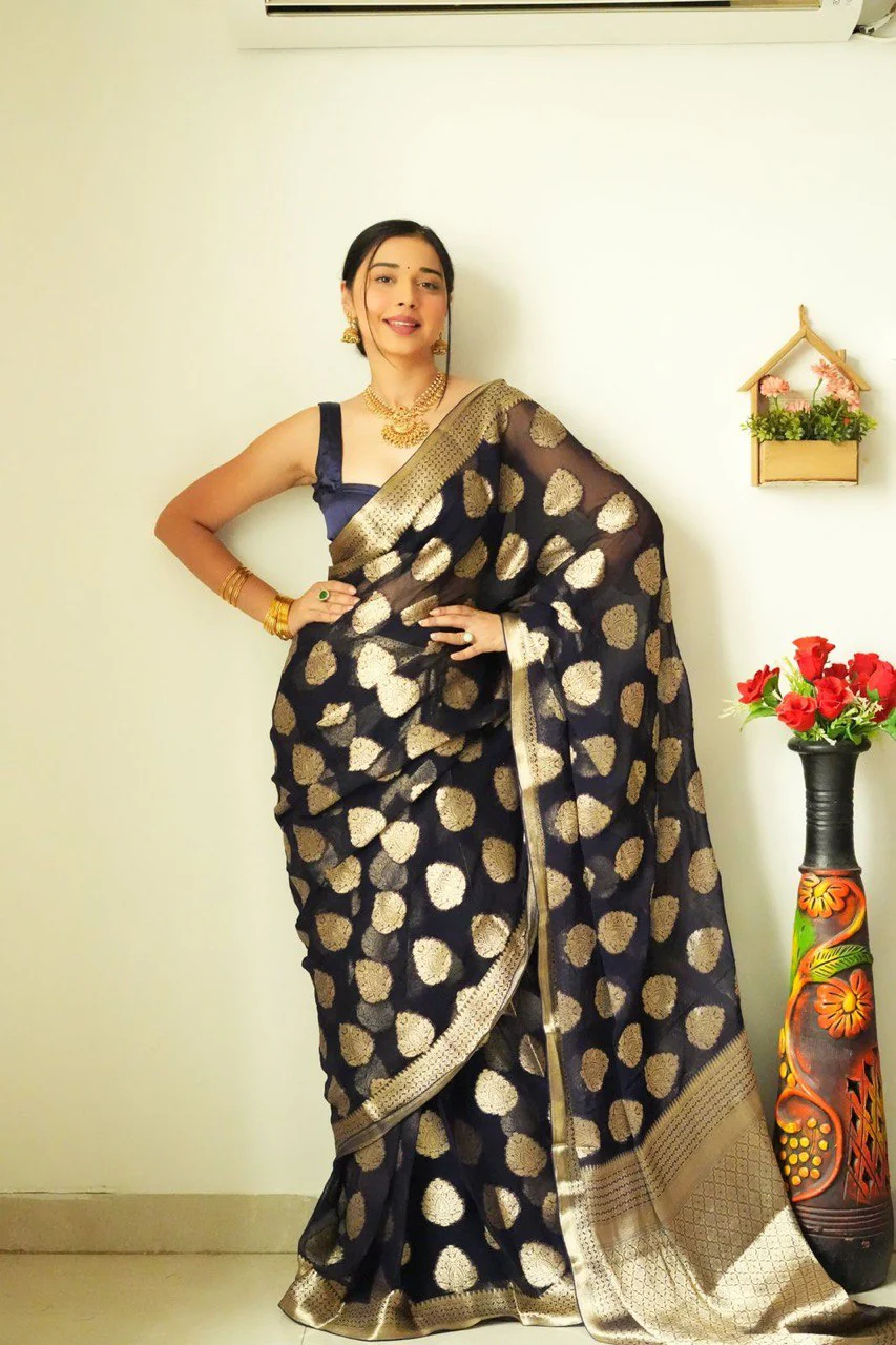 Tempting 1-Minute Ready To Wear Black Soft Silk Saree - Image 2
