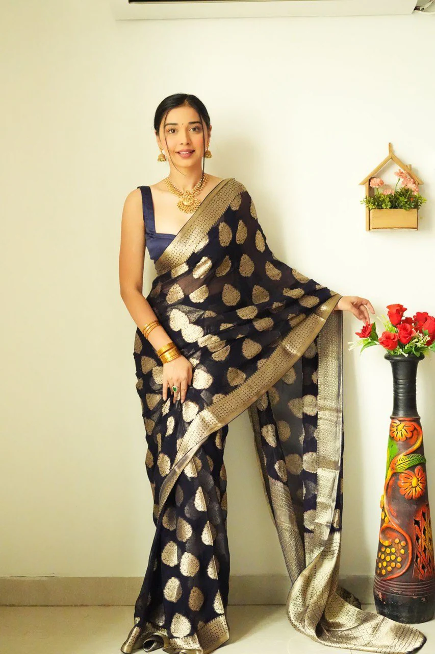 Tempting 1-Minute Ready To Wear Black Soft Silk Saree - Image 3