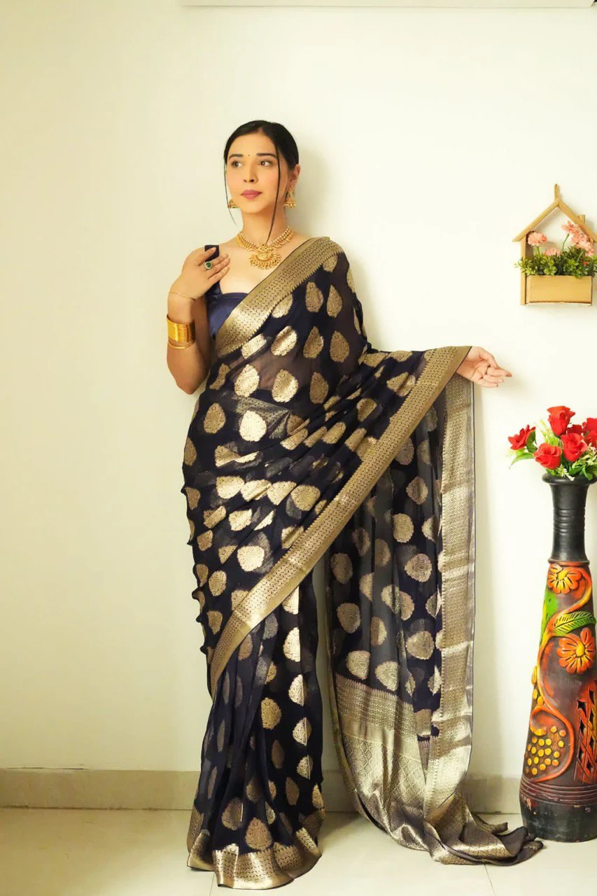 Tempting 1-Minute Ready To Wear Black Soft Silk Saree - Image 4