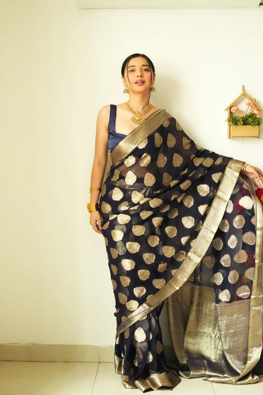 Tempting 1-Minute Ready To Wear Black Soft Silk Saree - Image 7