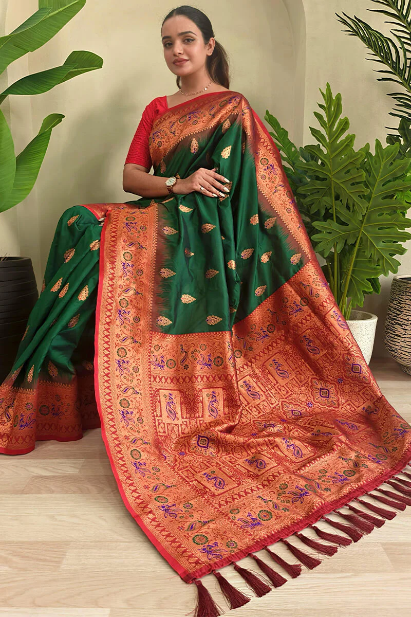 Tempting Dark Green Soft Banarasi Silk Saree With Staggering Blouse Piece - Image 2