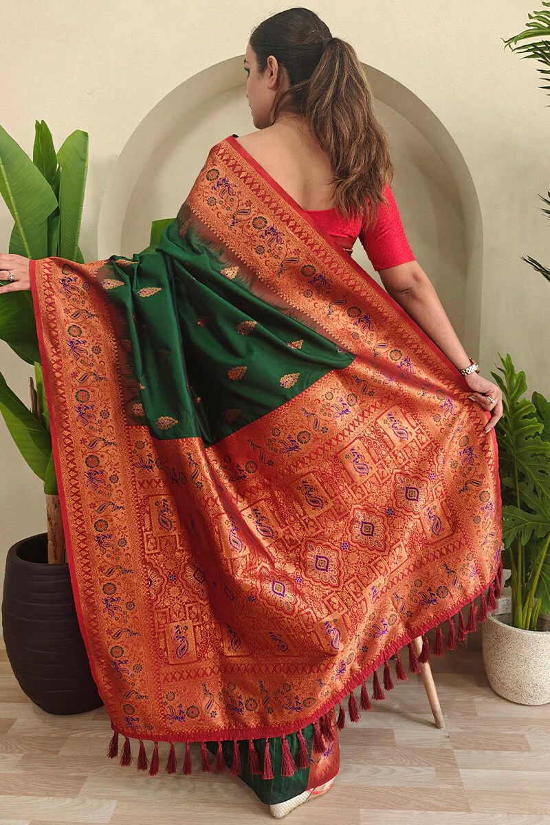 Tempting Dark Green Soft Banarasi Silk Saree With Staggering Blouse Piece - Image 3