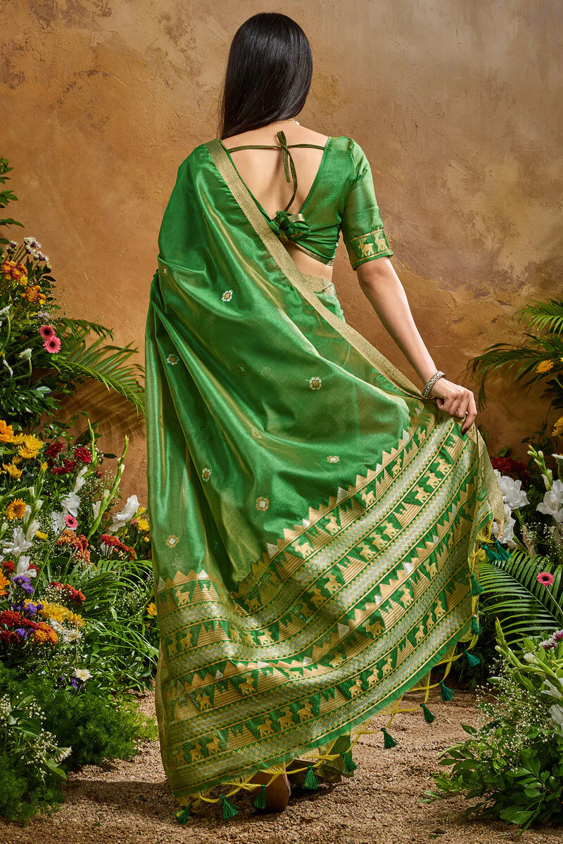 Traditional Green Banarasi Tussar Silk Saree With Glamorous Blouse Piece - Image 6