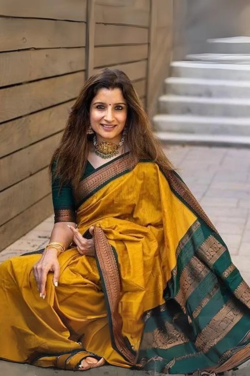 Traditional Mustard Soft Silk Saree With Embellished Blouse Piece - Image 2