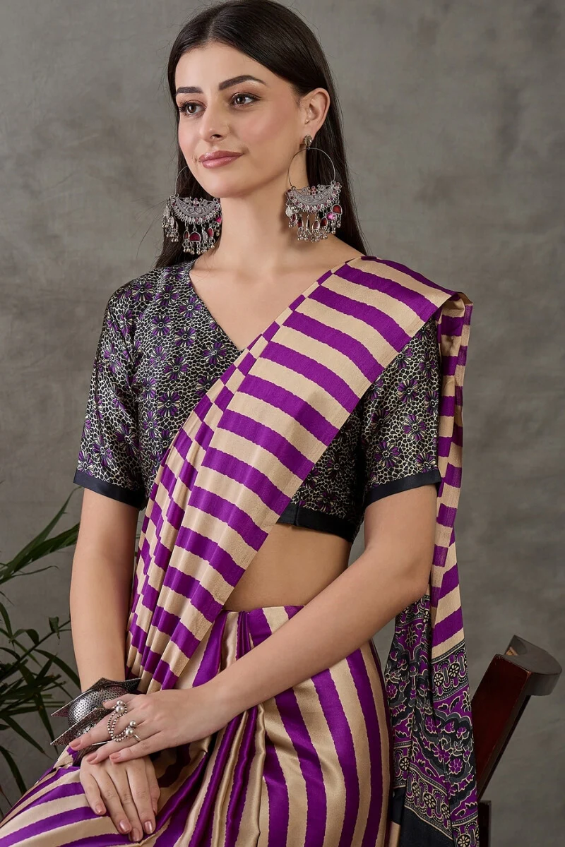 Traditional Purple Ajrakh Printed Semi Modal Silk Saree With Fancifull Blouse Piece - Image 2