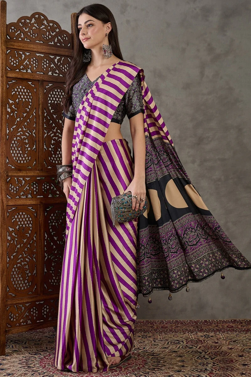 Traditional Purple Ajrakh Printed Semi Modal Silk Saree With Fancifull Blouse Piece - Image 5