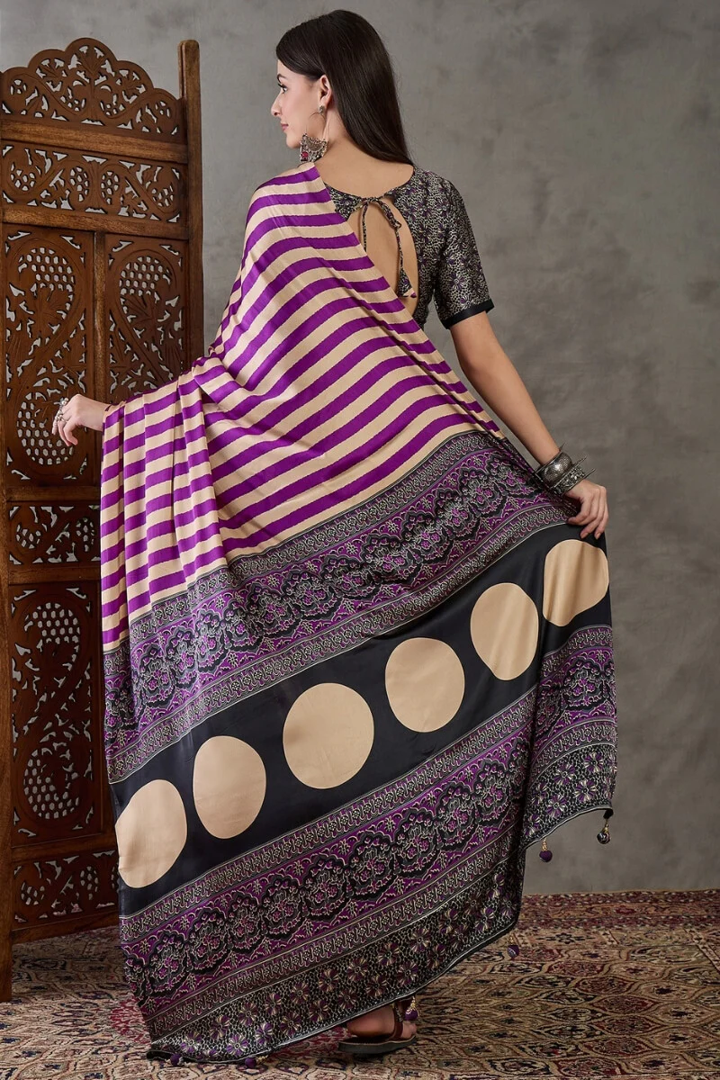 Traditional Purple Ajrakh Printed Semi Modal Silk Saree With Fancifull Blouse Piece - Image 7
