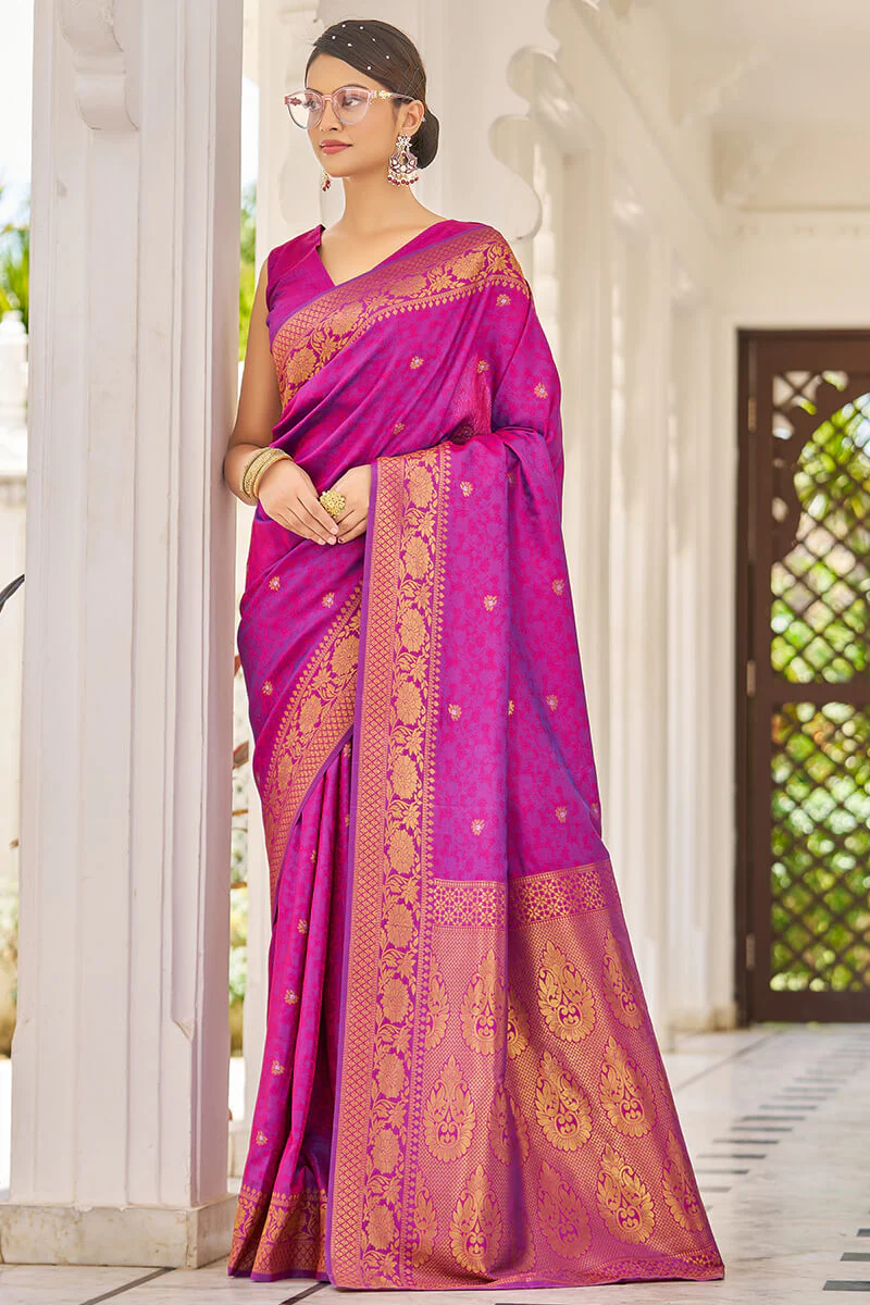 Traditional Purple Kanjivaram Silk Saree With Inspiring Blouse Piece - Image 3