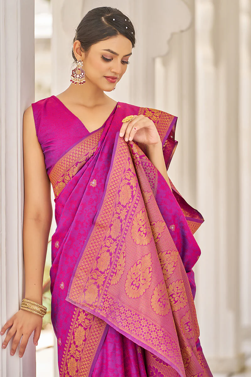 Traditional Purple Kanjivaram Silk Saree With Inspiring Blouse Piece - Image 5