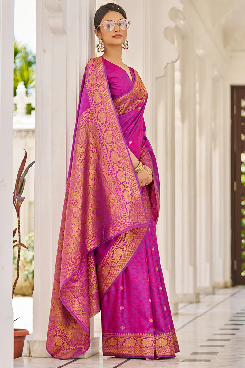 Traditional Purple Kanjivaram Silk Saree With Inspiring Blouse Piece - Image 6