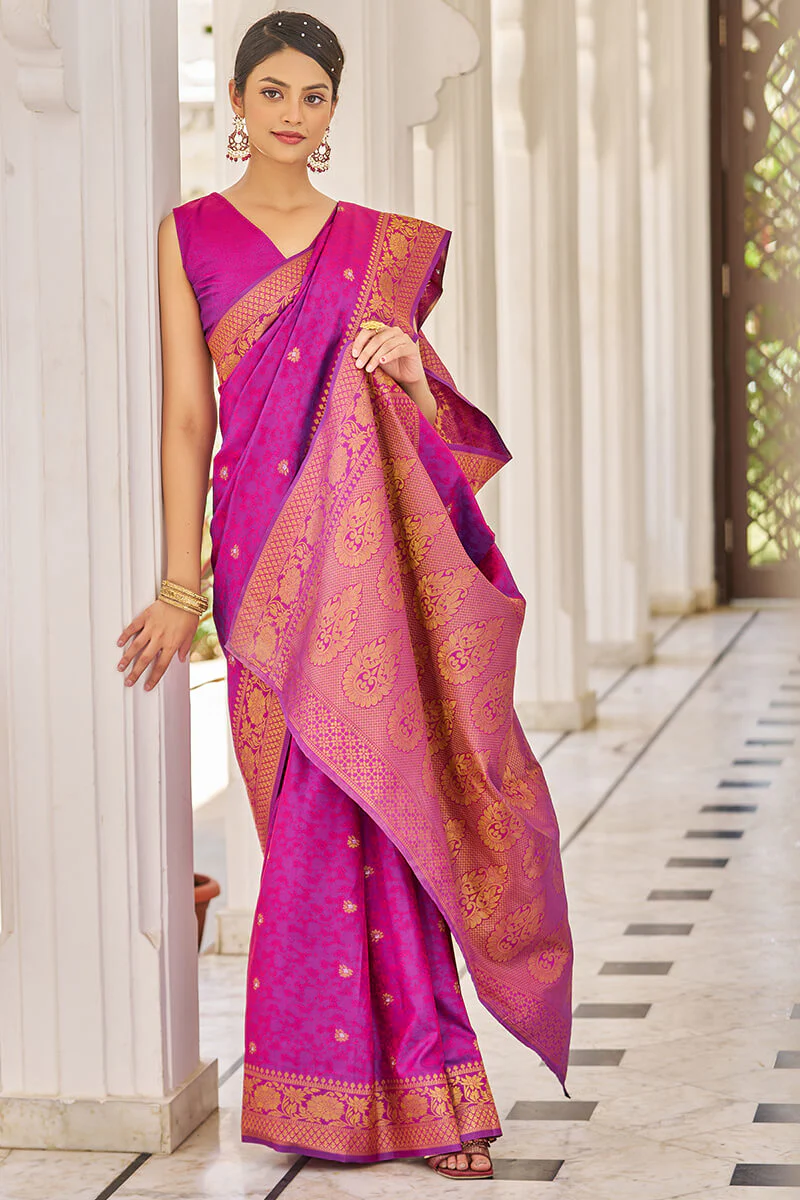 Traditional Purple Kanjivaram Silk Saree With Inspiring Blouse Piece - Image 7