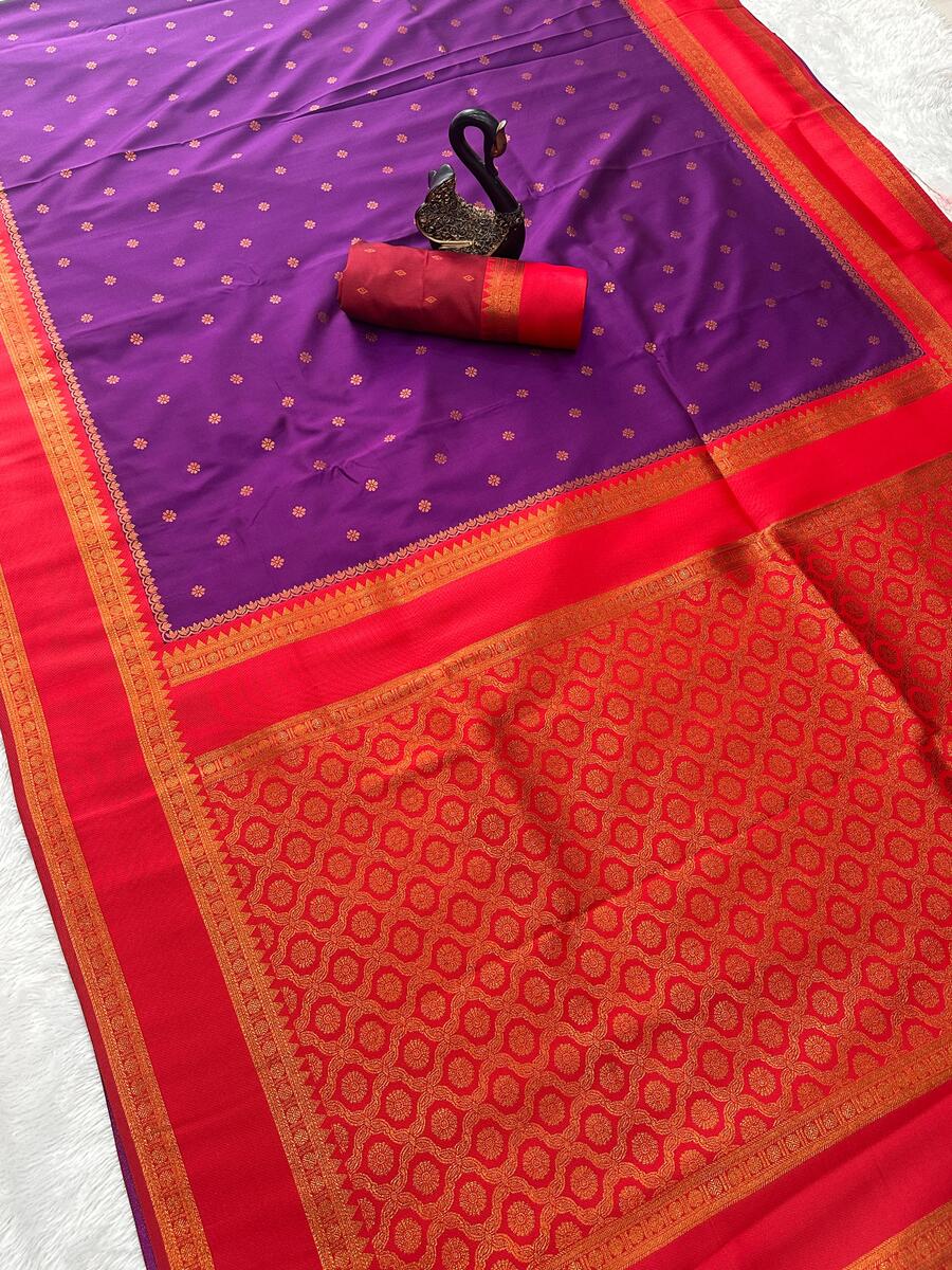 Traditional Purple Soft Banarasi Silk Saree With Assemblage Blouse Piece - Image 2