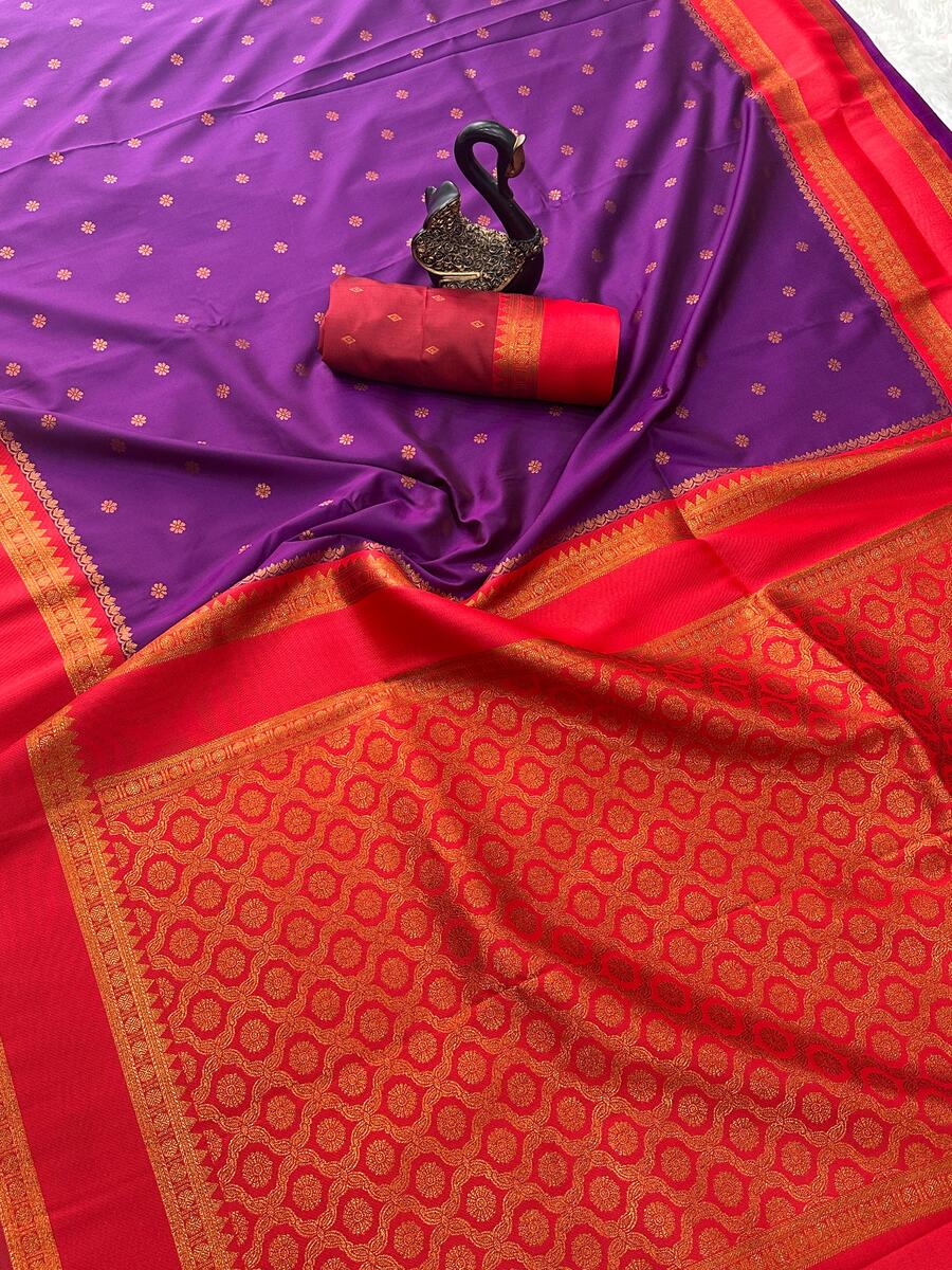 Traditional Purple Soft Banarasi Silk Saree With Assemblage Blouse Piece - Image 3