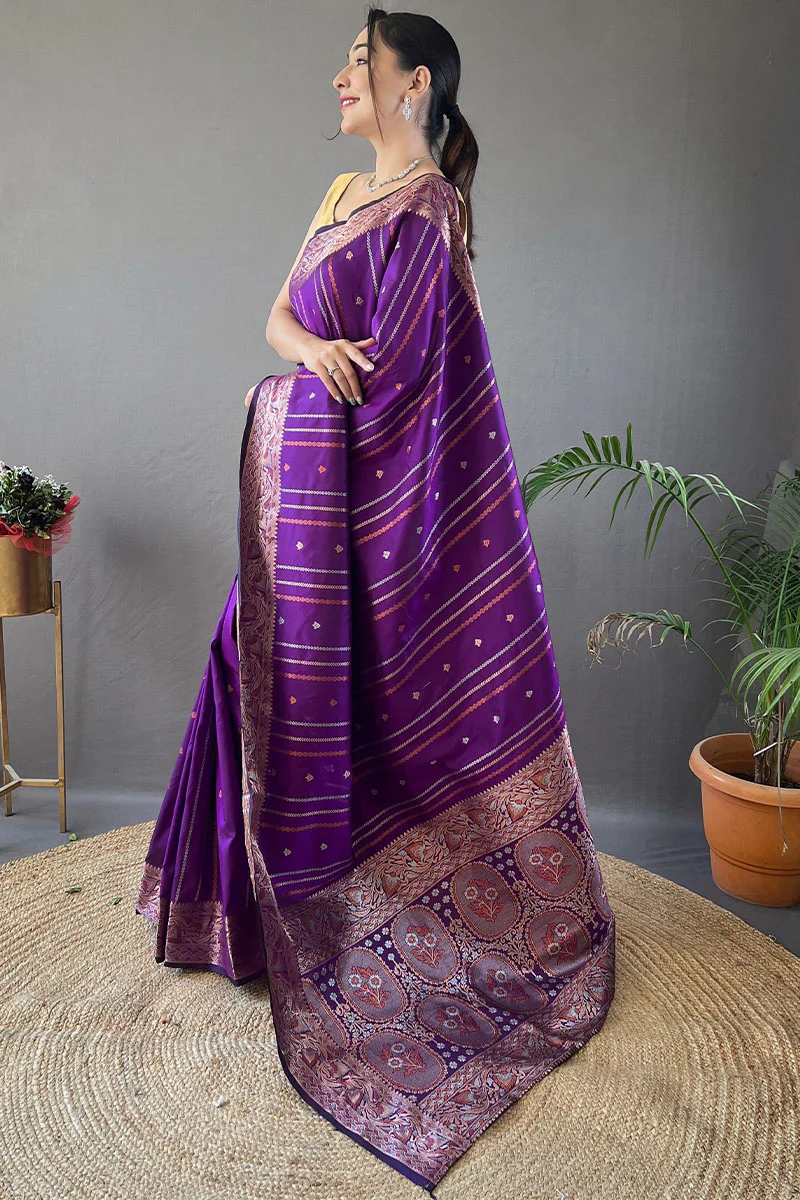 Traditional Purple Soft Banarasi Silk Saree With Preferable Blouse Piece - Image 3