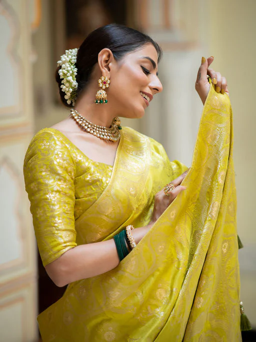 Traditional Yellow Soft Silk Saree With Twirling Blouse Piece - Image 2