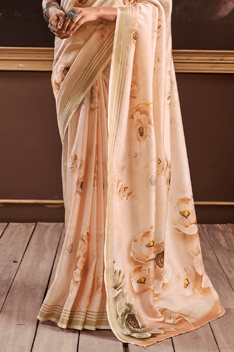 Transcendent Beige Digital Printed Soft Silk Saree With Exemplary Blouse Piece - Image 3