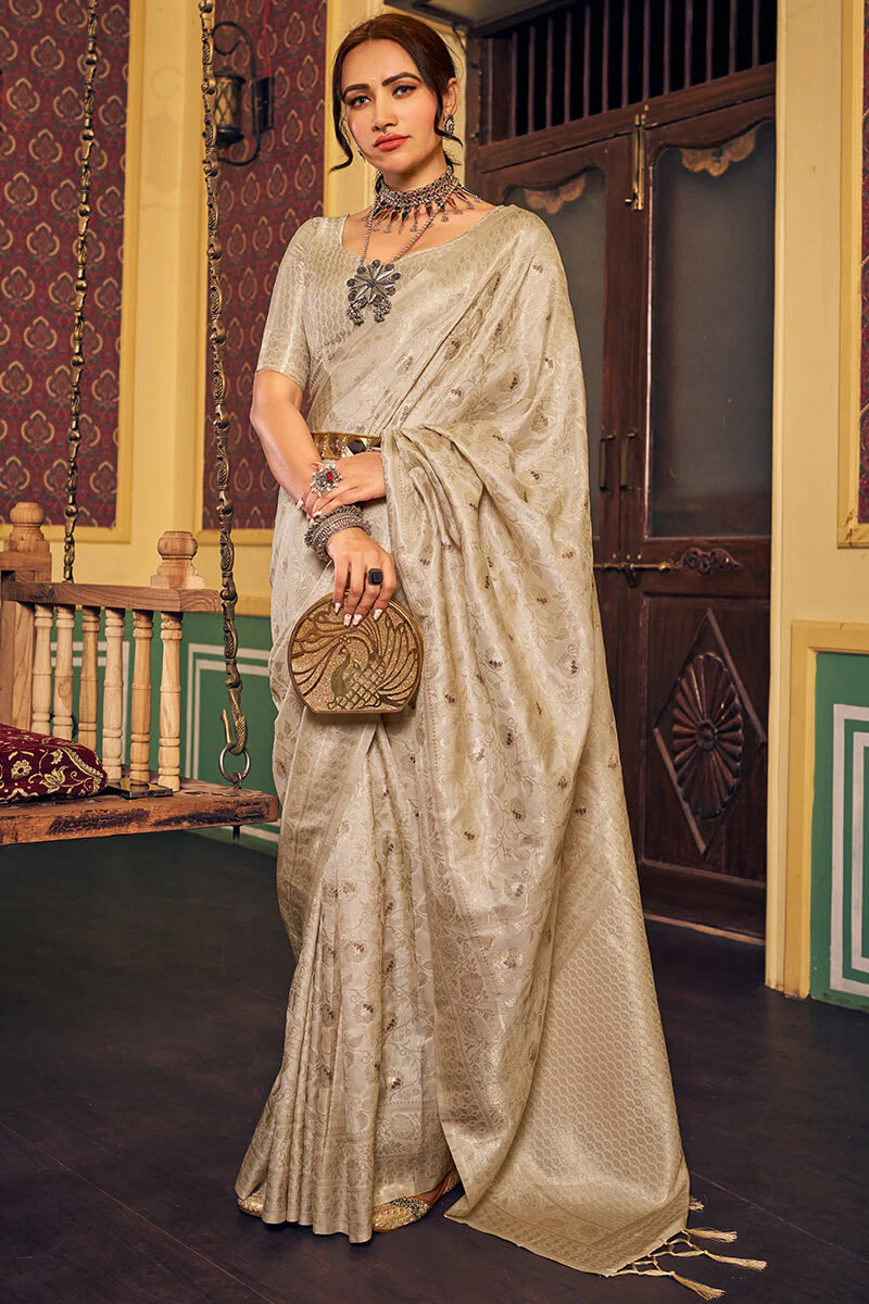 Transcendent Beige Soft Banarasi Silk Saree With Whimsical Blouse Piece - Image 3